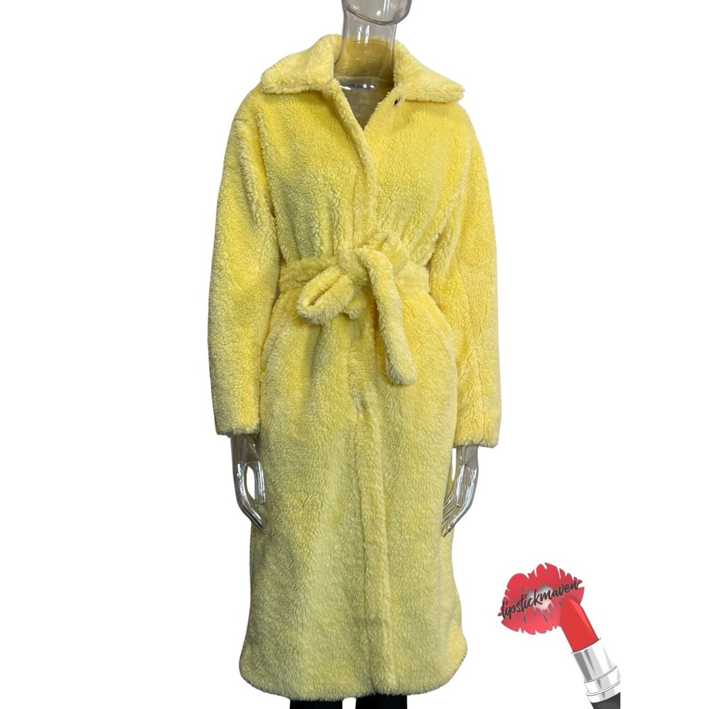 Molly Green Furry Trench Coat Womens XS Yellow Long Belted Sherpa Lined